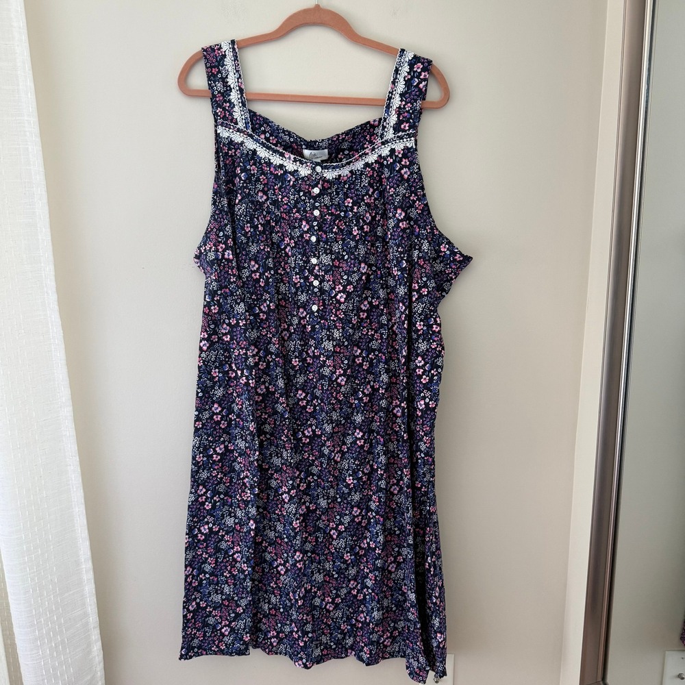 Aria Collection Nightgown Womens 4X Navy Blue Floral Lace Trim Button Front NEW